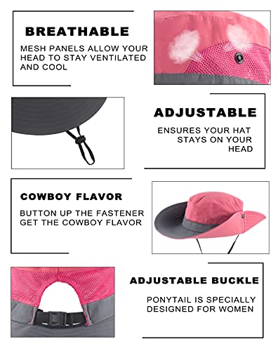 Womens Summer Sun Hat Outdoor Uv Protection Foldable Wide Brim Bucket Ponytail Hats Beach Safari Fishing Cap Watermelon Red #TOP3