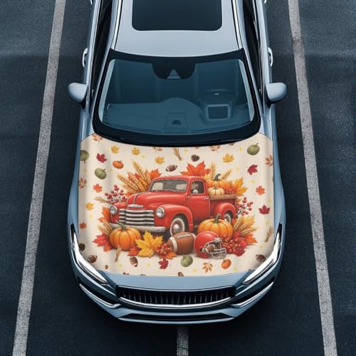 Image of Renewold Fall Football Car Hood Cover,Vehicle Hood Wrap Blanket, for Sedan | Women Men Automotive Exterior Accessories, Easy Install Auto Decor for Football Season Party Holiday, Red Truck Pumpkin
