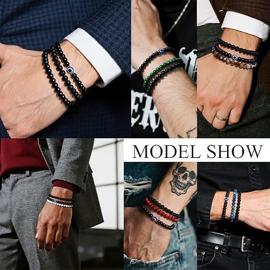 Men's Beaded Bracelet Set Natural Stone Bracelets Evil Eye Jewelry for Gift