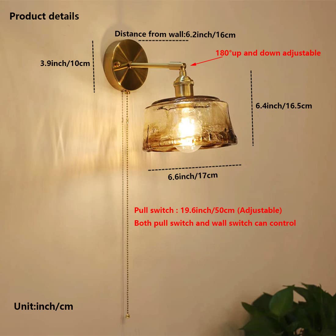 Applique da parete in stile industriale con interruttore, paralume in vetro creativo, lampada moderna con braccio regolabile, illuminazione in stile rustico vintage per camera da letto, soggiorno, lo
