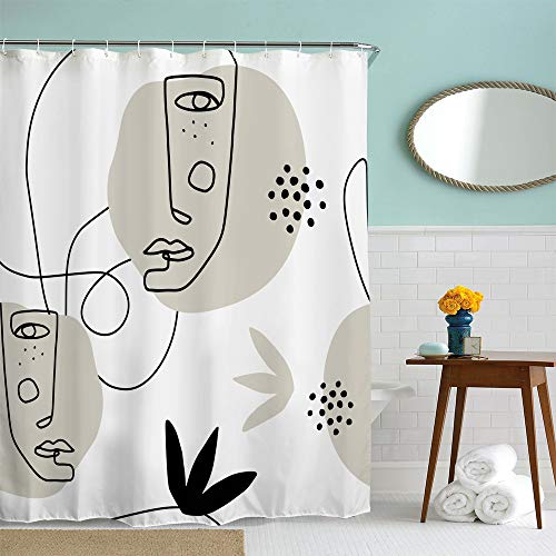 IcosaMro Woman Face Shower Curtain for Bathroom with Hooks, Abstract Face Decorative Long Cloth Fabric Shower Curtain, 71x72 Inches, Black and White