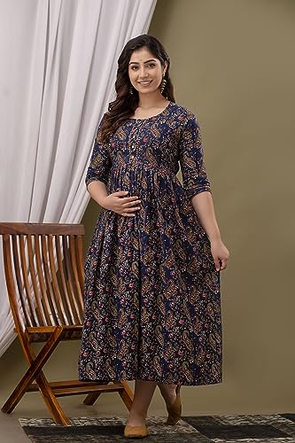 Image of Maternity Feeding Kurti for Women | Cotton Blend Anarkali Dress with Nursing Zip for Pre & Post Pregnancy