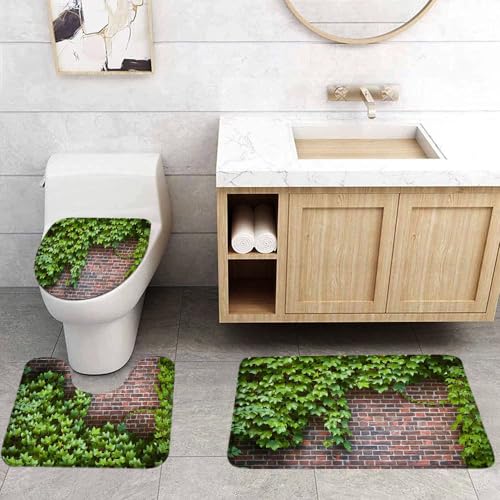 VPUPCN Brick Wall 3 Pcs Bath Rugs Set,Green Leaf Ivy Plant Rustic Rocks Stone Wall Natural Farmhouse Botanical Bathroom Kitchen Rug with 17.8