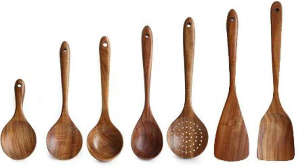 7 Pcs Set Rice Spoon,Mixing,Soup,Large,Slotted,Flat Spatula, Spatuala,Acacia, for Non-stick Frying Pan