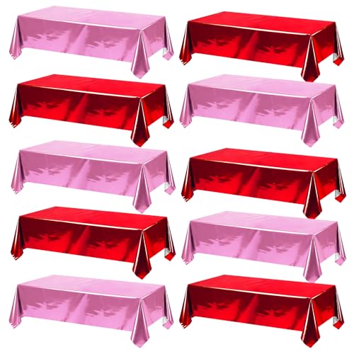 Image of 10 Pcs Valentine's Day Foil Table Cloth Disposable Rectangle Tablecloths 54 x 108 Inch Red Pink Foil Metallic Waterproof Table Cover for Valentine's Day Events Birthday Parties Wedding Decorations