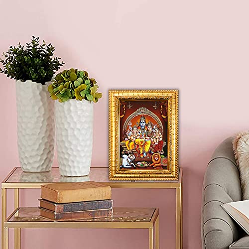 Image of Hawai Shiv Parivar Photo with Engineered Wood Wall Hanging Home Decor Religious Photo Frame for Home Office Prayer Room, Size- 8.5x7 inch, SFDI282 GLD FRM GRP