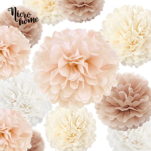Nicrohome Wedding Decorations, 12 Pcs Champagne Tissue Paper Pom Poms, Creamy White Paper Flowers For Engagement Receptions, Bachelorette, Birthday, Boho Bridal Showers Party Supplies #TOP1