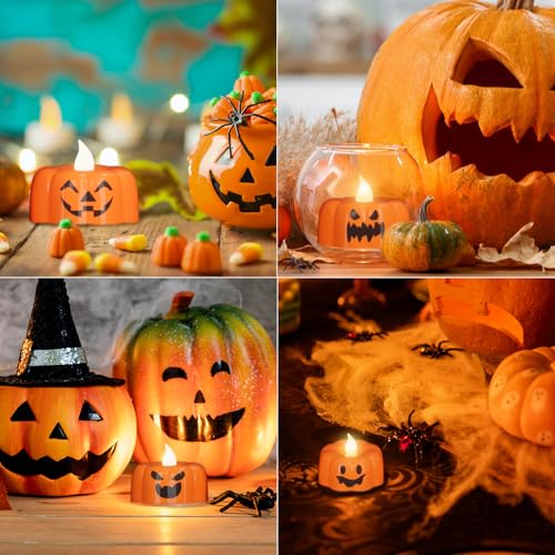 Image of Eldnacele Halloween Pumpkin Lights Flameless Candles 6H Timer, Battery Operated Ghost Face LED Flickering Tealights Candle Fall Tabletop Spooky Candles Halloween Decoration Indoor(6Pcs,1.9 inchx1.6 inch)