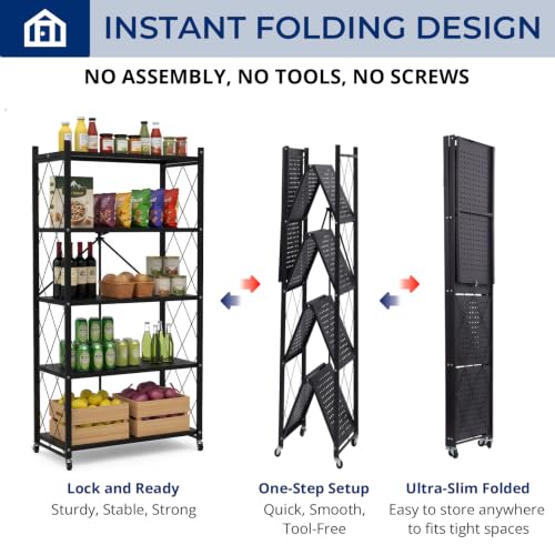 Image of 5 Tier Foldable Storage Shelf with Wheels, Heavy-Duty Metal Shelving Unit, No Assembly Book Shelf Rolling Storage Rack for Garage, Kitchen, Pantry, Closet, Exhibition, Office Decor, Black