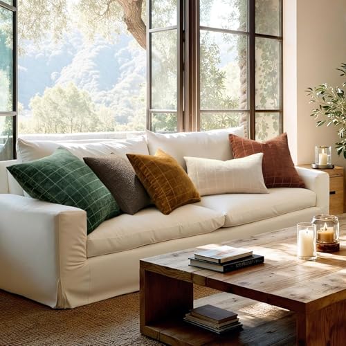 Image of MIULEE Burnt Orange Plaid Decorative Throw Pillow Covers 22x22 Set of 2 | Vintage Check Chenille Couch Pillows Neutral Boho Farmhouse Cushion Covers Modern Home Decor for Sofa Bed Living Room