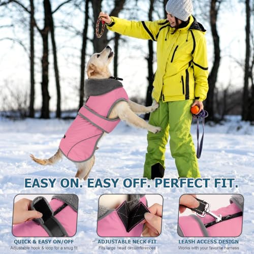 Image of Dogcheer Dog Coat, Waterproof Dog Jacket Reflective Pet Winter Coat with Adjustable Hook & Loop, Christmas Puppy Fleece Jacket Warm Turtleneck Snowsuit for Small Medium Large Dogs - Dusty Pink, S