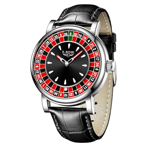 SACOSDING Roulette Wheel Watches for Men with Ball 45MM Big Face Quartz Analog Casino Themed Watch 3ATM Waterproof Glowing Brown Leather Mens Wrist Watches Casual Dress Relojes para Hombres