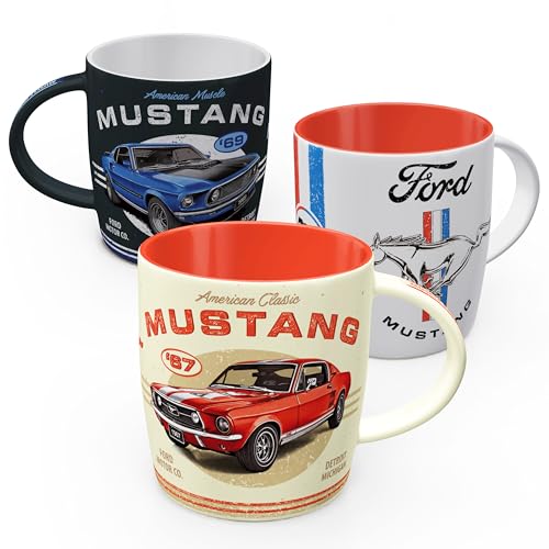 Nostalgic-Art Retro Kaffeebecher (3er-Set), 330 ml, Ford Mustang Set 2 – Geschenk-Idee für Ford-Zubehör Fans, Original Lizenzprodukt (OLP), Keramik-Tasse für Kaffee, Vintage Design