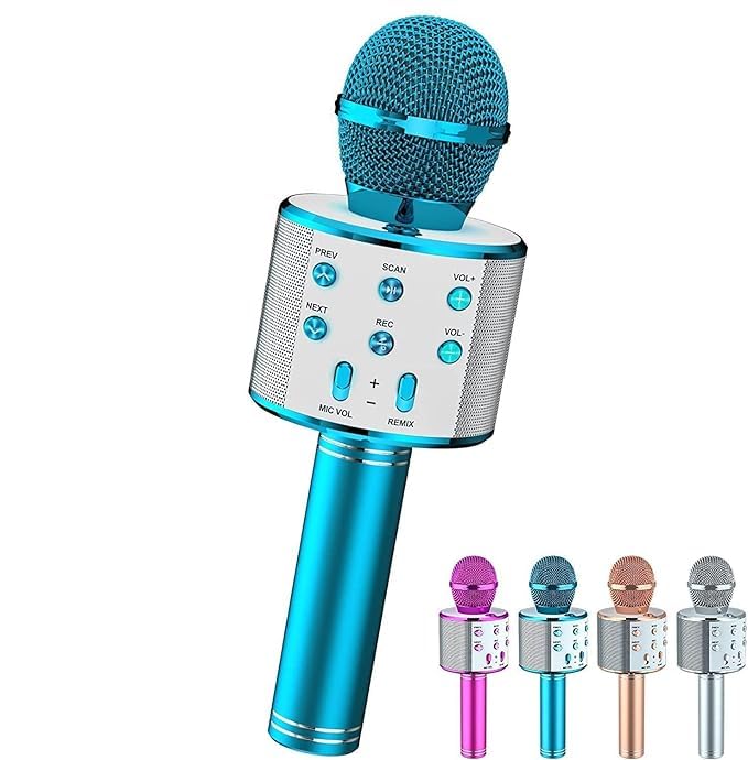 Image of VRJTEC 2-in-1 Wireless Karaoke Mic with Inbuilt Speaker | Portable Singing Microphone with Audio Recording Card Slot Aux Port USB Charging | Ideal for Home Parties Events (Blue & Silver)