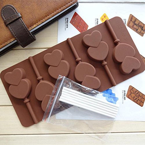 SLIMME KOPER Silicone Chocolate Lollipop Fondant Mould Baking Tool: Double Heart Shape, 6 Cavity Chocolate Shape, Brown
