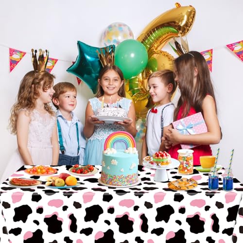 Image of LINHAXM 3 Pack Pink Cow Print Tablecloth - Cow Birthday Party Table Cloth Cow Print Table Cover for Disco Pink Cowgirl Birthday Decorations Supplies, 108 x 54 Inch