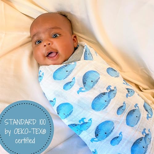 Image of LollyBanks Muslin Swaddle Blanket, 100% Muslin Cotton Swaddles for Baby Boys Breathable and Lightweight, 47 X 47 Inches Newborn Receiving Blanket for Boys, Baby Essential, Registry (Whale Print)