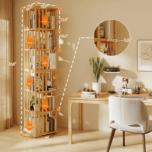 Image of Lauxery 6-Tier 360 Bamboo Rotating Bookshelf, Natural, 74.8 in | Easy Assembly, Ample Storage,1200 lbs capacity, Compact Footprint, Freestanding, dual shelf heights, for living room