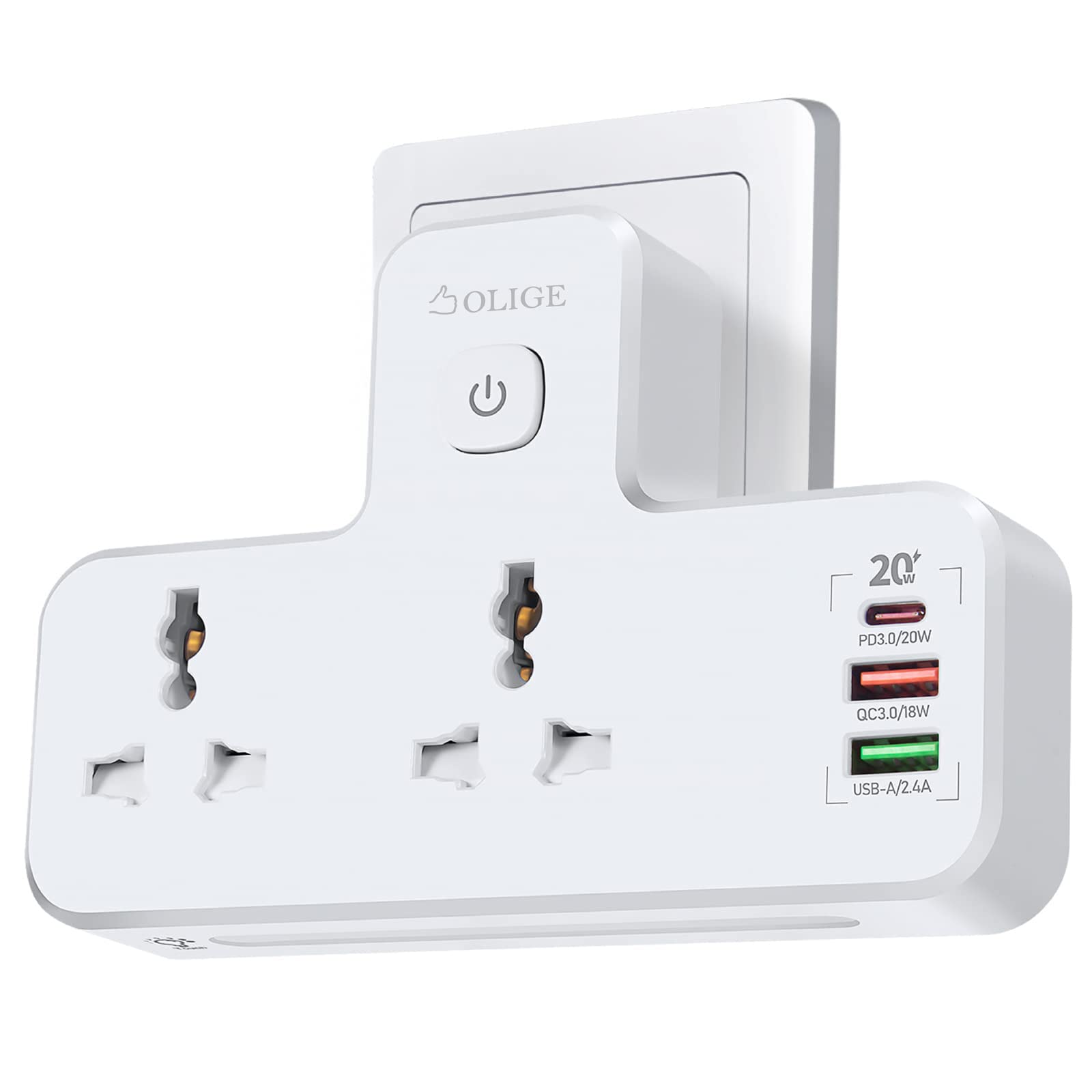 Power Adapter Multi Plug Extension with 20W USB-C PD Fast Charge Port Type-C, 2 USB QC3.0 Smart Power, 2 Universal Outlets Power Extender Socket, UK 3-Pin Adaptor with Light for Home, Office