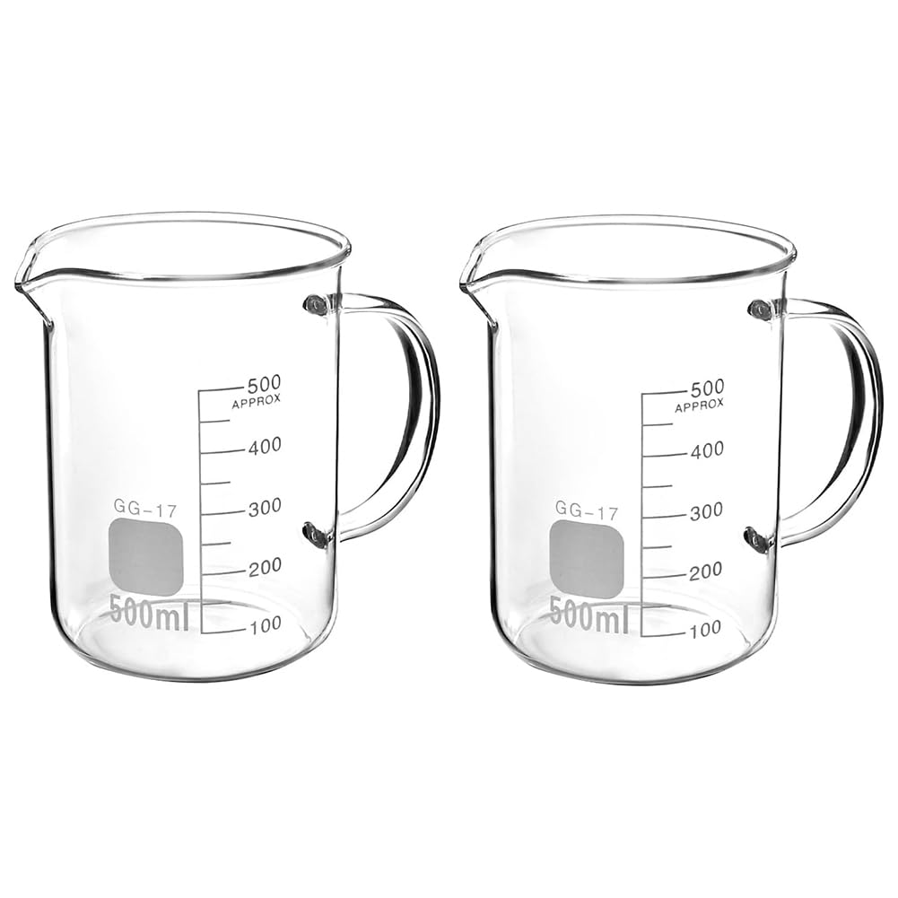 Xnuiasqe Borosilicate Glass,Beaker With Handle(2Pcs), 500Ml Measuring Cup, Beaker Mug Featuring Pouring Spout