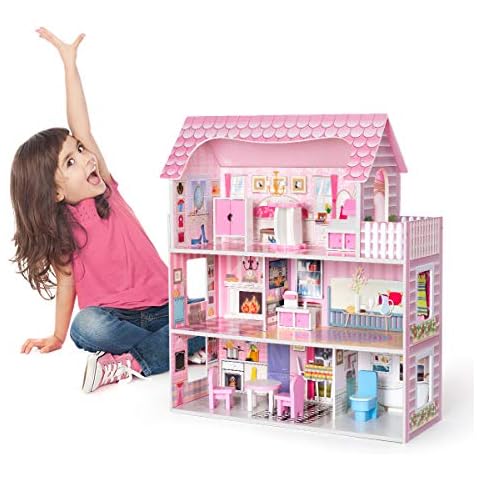 ROBUD Dollhouse for Girls DIY Wooden Dollhouse wth Furniture and Accessories Girls Dream Pink Doll House with 3 Storey Pretend Playset Birthday Gift Cover