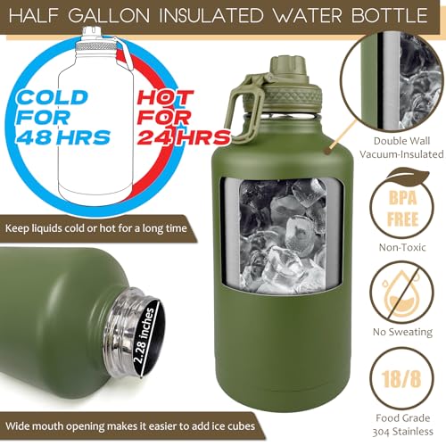 Image of Half Gallon Water Bottle with Sleeve - 64 Oz Insulated Water Jug with Handle - Green Stainless Steel Sports Water Bottle for Gym Workout Hiking Tactical Bottle Holder with Pouch Camo