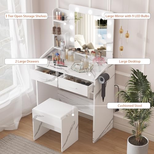 Garveehome Vanity Desk with Mirror and Lights, Makeup Vanity with Power Outlet & Cushioned Stool, 3 Lighting Modes Adjustable Brightness, Dressing Table with Hairdryer Holder for Bedroom, Marble White