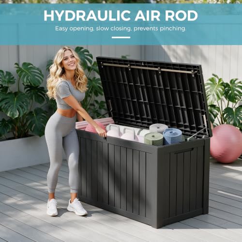 Image of 180 Gal Deck Box, Outdoor Storage Box Waterproof Lockable, Gas Lift,Black | Large sturdy grey resin deck box, double wall panels, waterproof backyard storage for package delivery, garden hoses tools