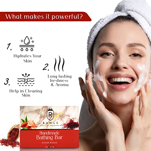 Image of RAWLS Kesar-Badam Bathing Soap for Women and Men /Enriched with Kesar Ext and Badam ext /No Paraben /Handmade Body Soap /Suitable for all skin type - (Pack of 4 x 125 g)
