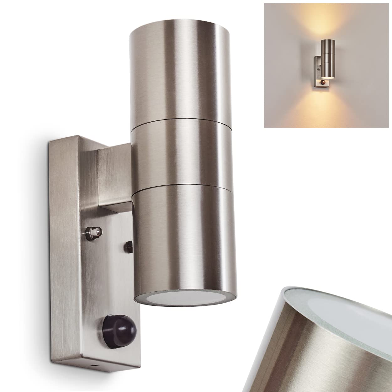 Applique murale d'extérieur Bessiebelle, lampe d'extérieur en métal/verre couleur inox/blanc, détecteur de mouvement, effet lumineux, pour terrasse/entrée, luminaire up&down, GU10, IP44, sans ampoules