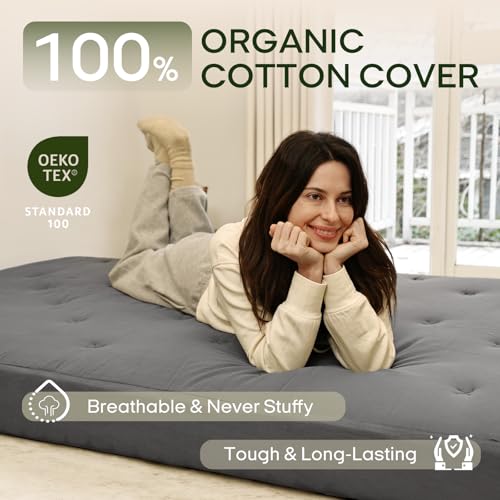Image of ZonLi Japanese Floor Futon Mattress Full Size 54 inchx 75 inch,100% Cotton Cover 6'' Thicken Tatami Mattress,Foldable Sleeping Pad,Portable Dormitory Tatami Mat,Roll Up Floor Lounger Bed for Adult (Grey)