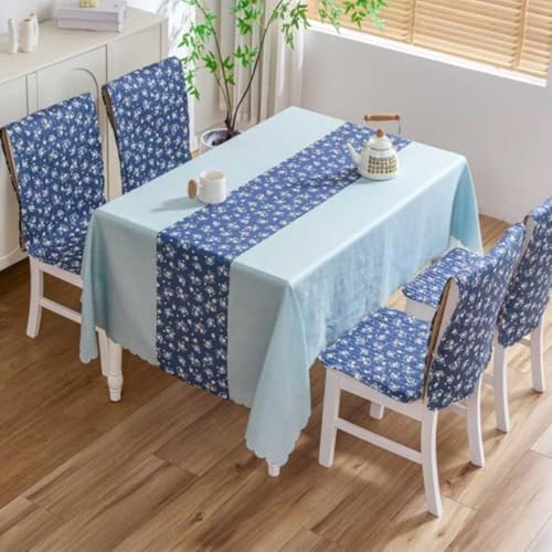 Image of HOMETHREADS Floral Cotton Chair Cover Set | Soft & Comfortable Seat Covers with Anti-Skid Non-Slip Backing + Waterproof Dining Table Cover (140x220cm) Navy White, 6 Chair Covers + 1 Table Cover