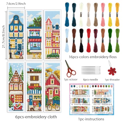 Image of INFUNLY 6 Set DIY Cross Stitch Bookmark Kit Building House Cross Stitch Kits 8 inchx2.4 inch Pre-Printed Architectural Stamped Embroidery Bookmark Kit with Instructions for Beginners Book Lovers Adults Gift