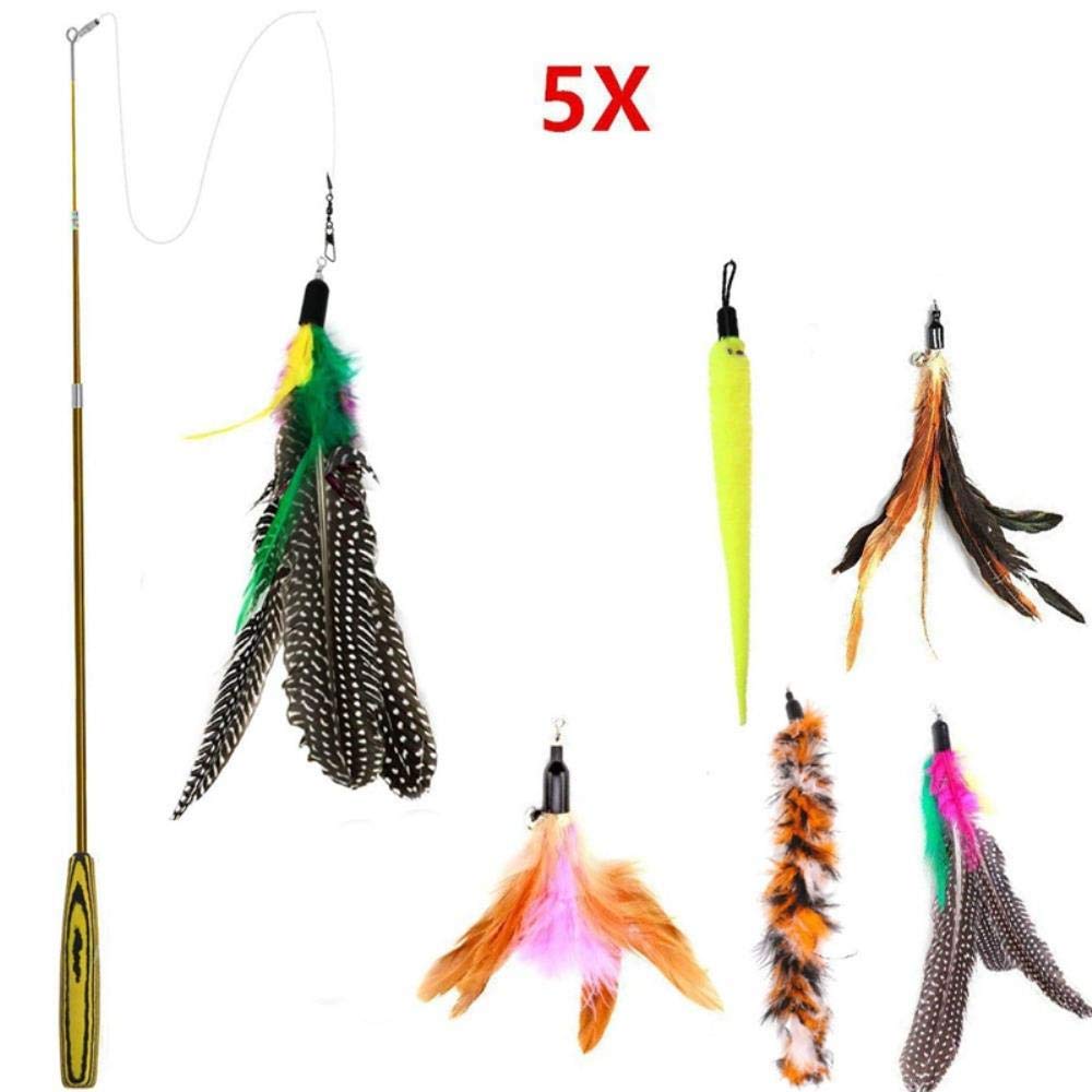 WYCYZJ Cat Tracing Toys Supplies Elastic Cat Playing Sticks Interactive Feather Toy with 5 Replace Head Kitten Cat Fishing Rod Shaped