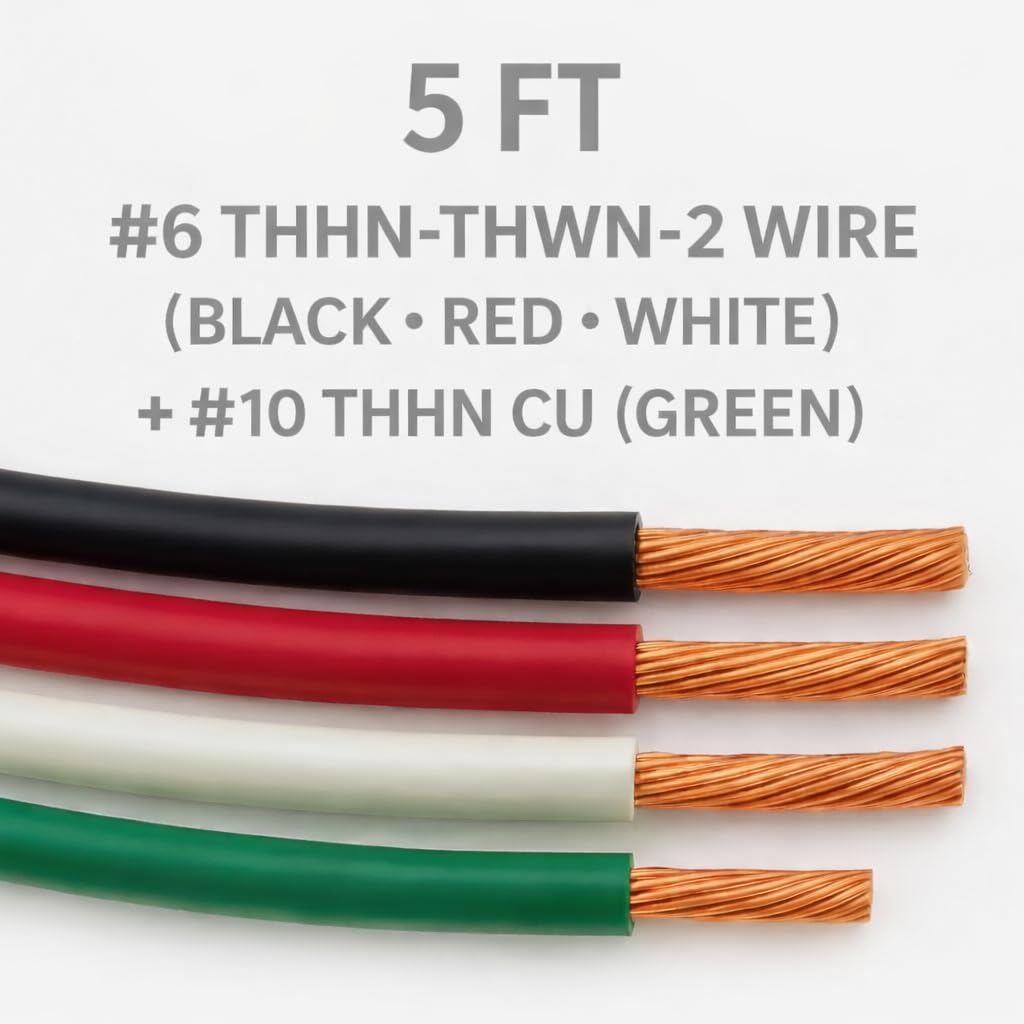 5 FT THHN Stranded Copper Wire – 6 AWG Black, Red, White + 10 AWG Green Ground – Color-Coded Electrical Wire for Residential & Commercial Projects