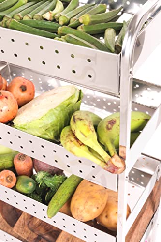 Image of XXSSIER 202 Stainless Steel Vegetable Stand Kitchen Trolley with Wheels Multifunctional Easy Assembly Vegetable Basket Serving Rotating Trolley Cart for Home(32 X 9 X 17.5 inch)
