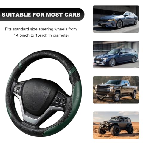 Image of Car Steering Wheel Cover, 15 Inch Premium Leather Breathable Non-Slip Wheels Wrap, Universal Auto Comfortable Steering Wheel Protector for SUV Truck Van, Car Accessories (Dark Green)