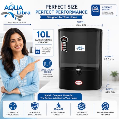 Image of Aqua Libra 10L RO+UF+UV LED Water Purifier for Home | Active Copper Technology | ISI Certified | Multi-Stage Filtration | Suitable for Borewell, Tanker & Municipal Water | Food Grade ABS | Black