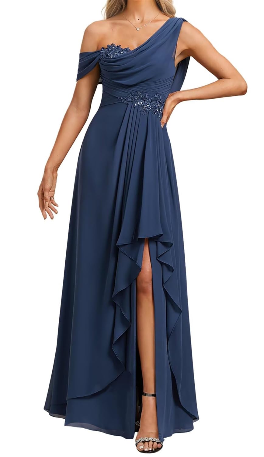 KURFACE Long Chiffon Mother of the Bride Dresses Ruched One Shoulder Formal Evening Dress with Applique Prom Gown UK16 Navy Blue
