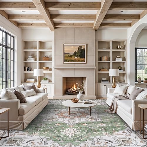 Washable Large Area Rugs 12x15 - Living Room Area Rugs with Non Slip Backing Stain Resistant Carpet for Bedroom Vintage Rugs Indoor Soft Carpets Home Decor Decoration Mat 12x15 Sage