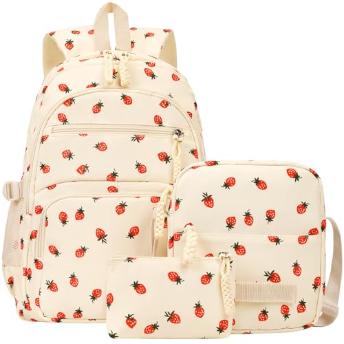 Image of Coquette Strawberry Backpack - Cute Kawaii Backpack Set Aesthetic Daypack Aesthetic Rucksack (B03 Strawberry Beige)
