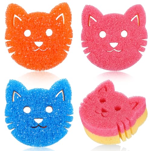 Image of FillTouch 3 Pcs Dual Sided Scrub Sponge Multi Functional Cute Temperature Sensitive Non Scratch Dish Sponge for Washing Dishes Kitchen Bathroom (Cat,Pink, Orange, Royal Blue)