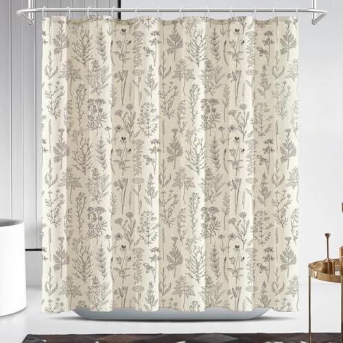 Coxila Tenda da doccia vintage floreale in lino beige floreale retrò primavera crema pianta botanica country boho carina rustica fattoria estetica fiori selvatici divertimento bagno 183 x 183 cm