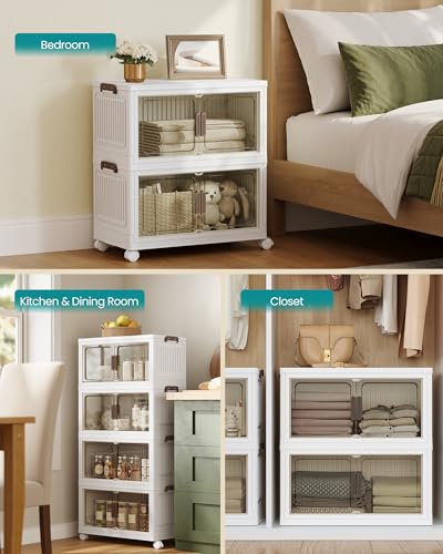 Image of SONGMICS 58QT Plastic Storage Bins with 1 Lid, 4-Tier Stackable Bins with Doors and Wheels, Foldable Storage Boxes, for Closets, Bedroom, Living Room, Office, White URLB460WZ01