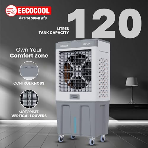 Image of EECOCOOL Iceflow 120 L Desert Air Cooler for Home with Honeycomb Cooling Pads, Ice Chamber, Auto Swing & Water Level Indicator | Inverter Compatible | 1 Year Warranty