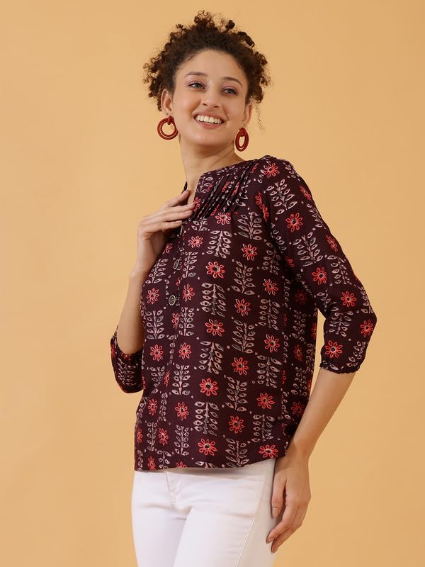 Image of Women's Cotton Printed Kurta Top | 3 /4 Sleeve Straight Kurti Casual Outings