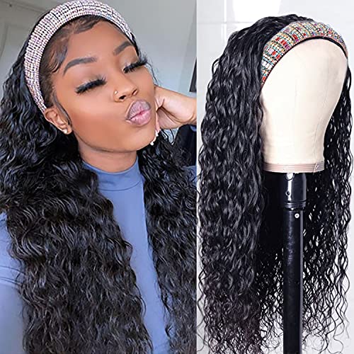 Megalook Water Wave Headband Wigs Human Hair 22inch None Lace Front Wigs Curly Human Hair Wigs For Black Women Machine Made Wigs Water Wave Headband Wigs 150% Density