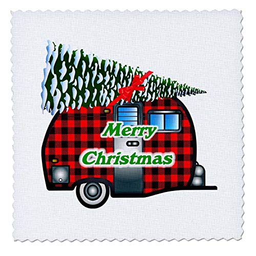 3dRose 14x14 inch Quilt Square, Image of Retro Camper in Plaid Hauling Christmas T