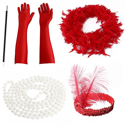 Surfmalleu 5PCS Halloween Decoracion Vestido Flapper Accesorios para Disfraz de Charlestón 1920 Años 20 Conjunto de Roaring (Rojo)