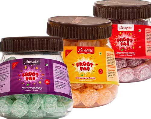 Image of CandyVille FrootFab Jars Combo Pack (1.2KG) | Each of Strawberry, Blueberry and Pineapple Candy Jars | Fruit Flavoured Candy
